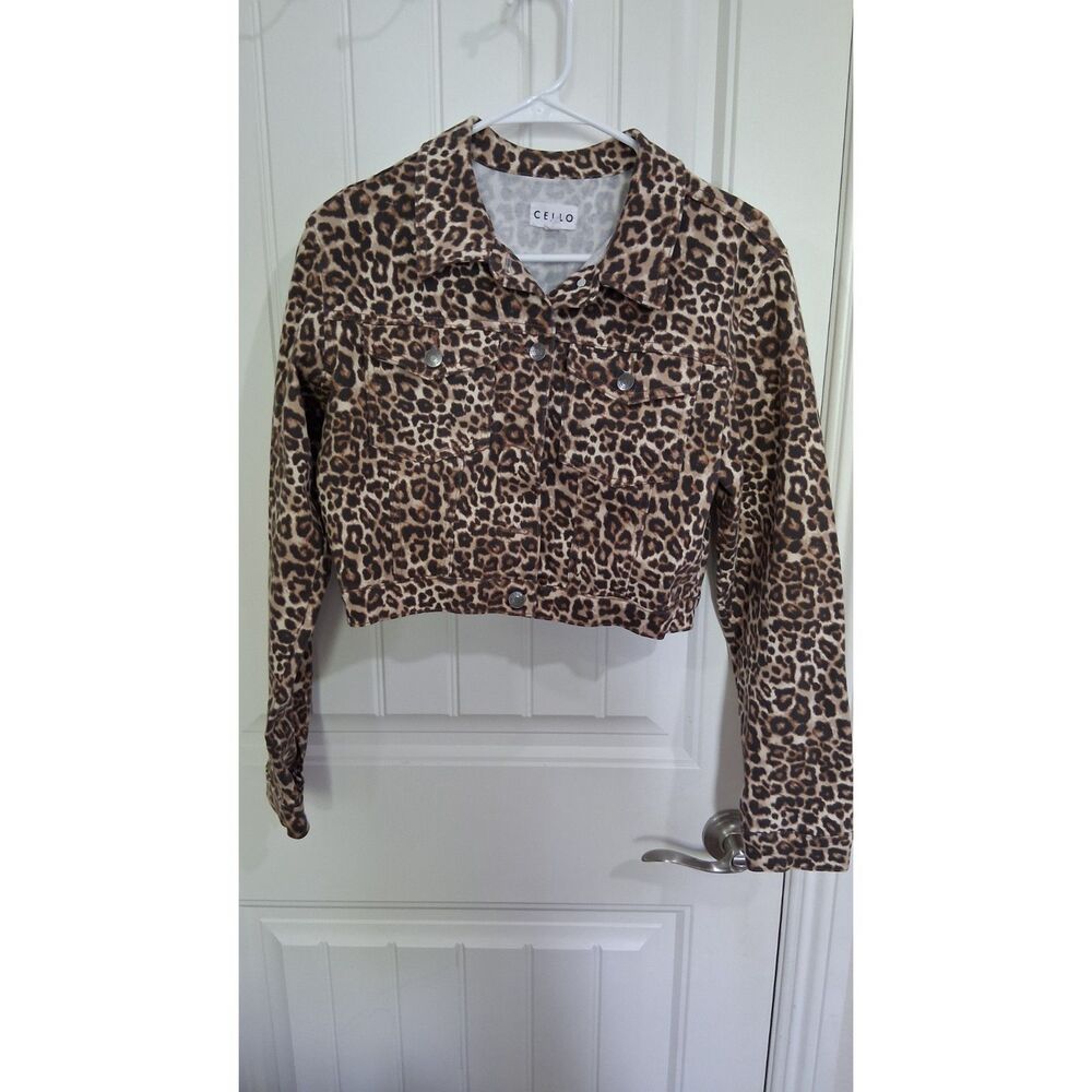 Cello Women’s Medium Leopard Print Cropped Jacket Stretch Button Front